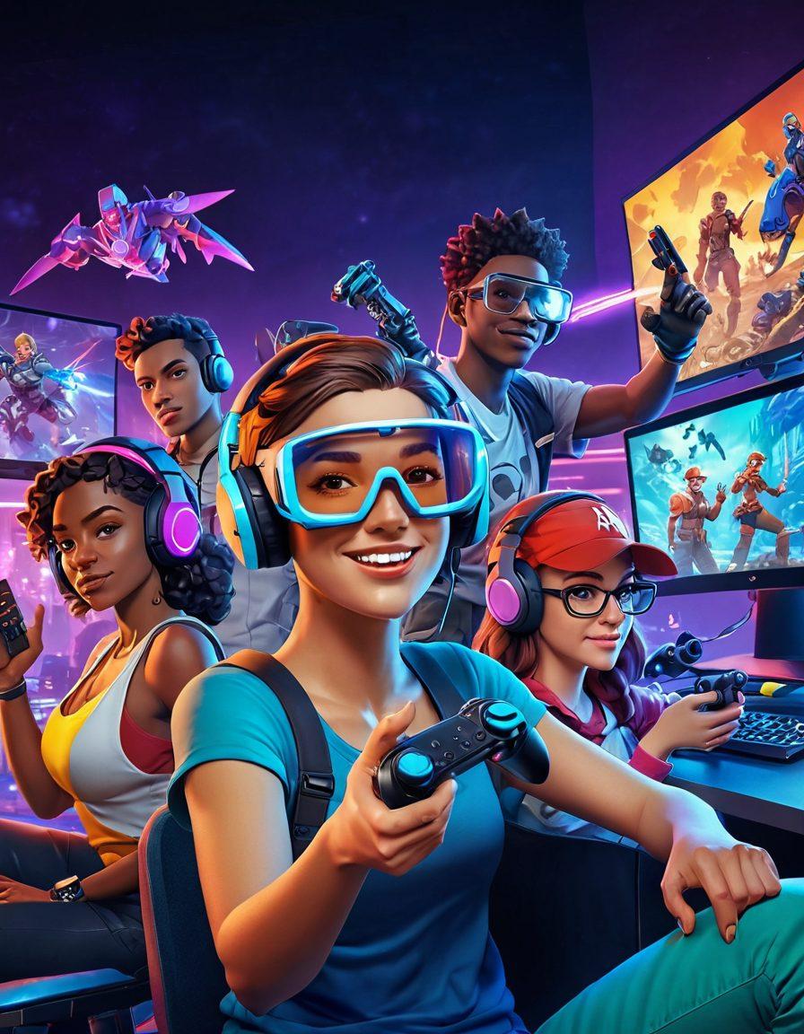 A vibrant and immersive digital scene showcasing diverse online games, featuring colorful characters, action-packed gameplay, and iconic gaming elements like controllers and virtual reality headsets. Include a lively atmosphere with people of various ages enjoying gaming together. The background should be a blend of different gaming worlds, from fantasy to sci-fi, enhancing the concept of gaming entertainment. super-realistic. vibrant colors. 3D.