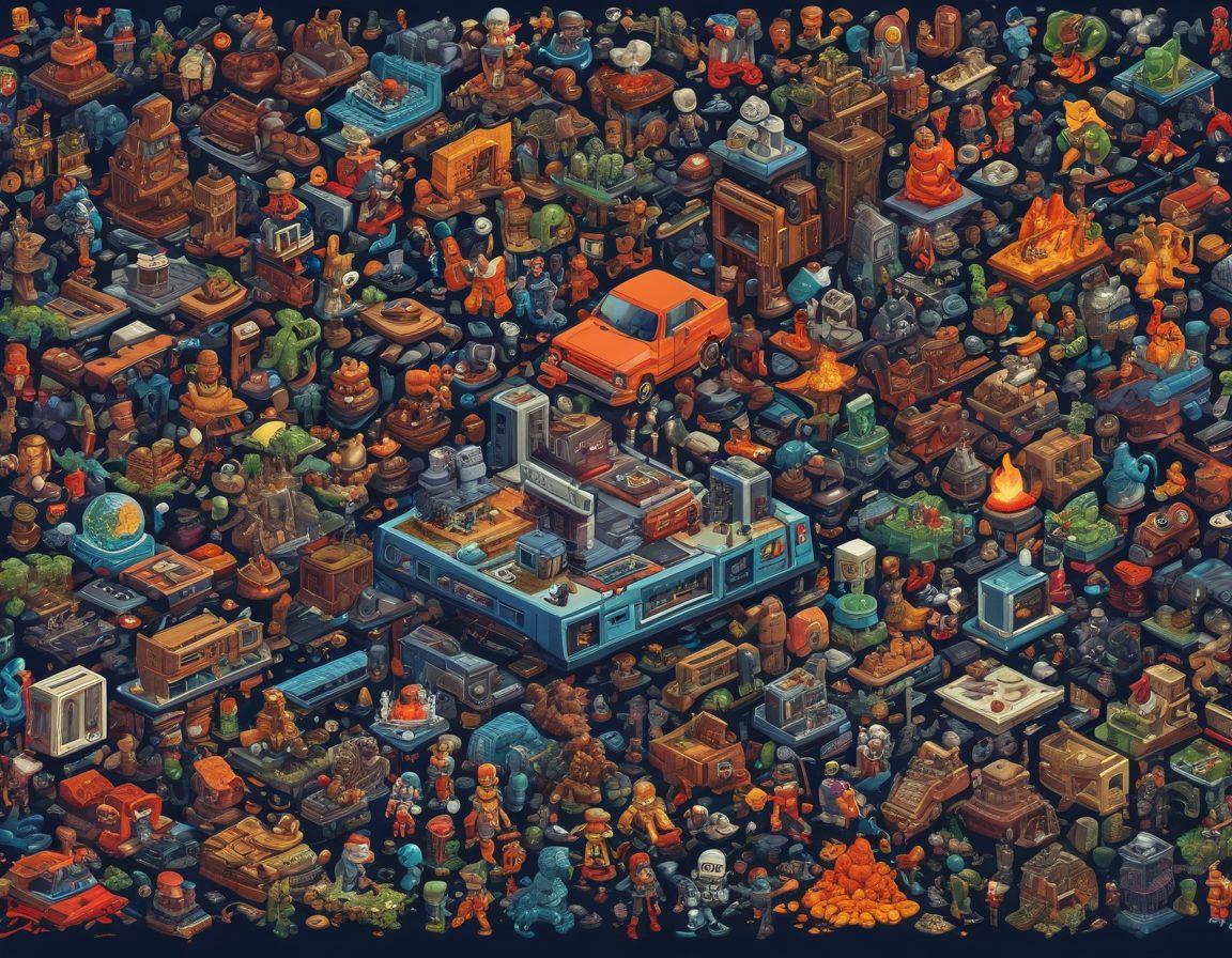 A dynamic collage representing various video game genres like RPG, shooters, and platformers, intertwined with iconic characters from different eras, showcasing technological advancements from pixel art to hyper-realistic graphics. Elements such as retro consoles, modern gaming PCs, and VR headsets scattered throughout the scene. The background fades from a classic 8-bit style on one side to sophisticated 3D environments on the other, illustrating the evolution. vibrant colors. modern art style.