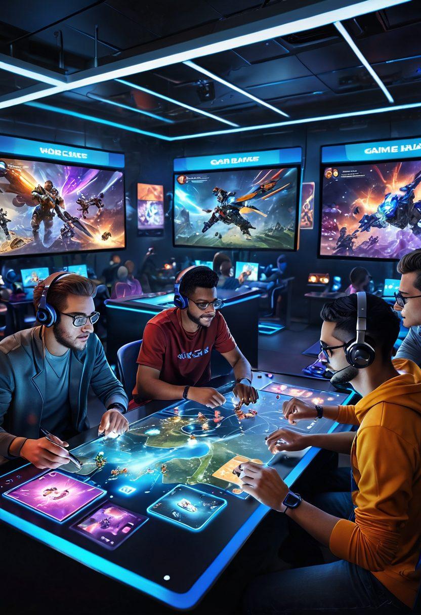 A dynamic scene depicting a diverse group of gamers engaged in a multiplayer gaming session, with vibrant screens showcasing various game worlds. Include elements like strategy maps, skill cards, and social interaction chat bubbles, highlighting teamwork and connection. Use a colorful, futuristic gaming environment that conveys excitement and collaboration. super-realistic. vibrant colors. digital art.
